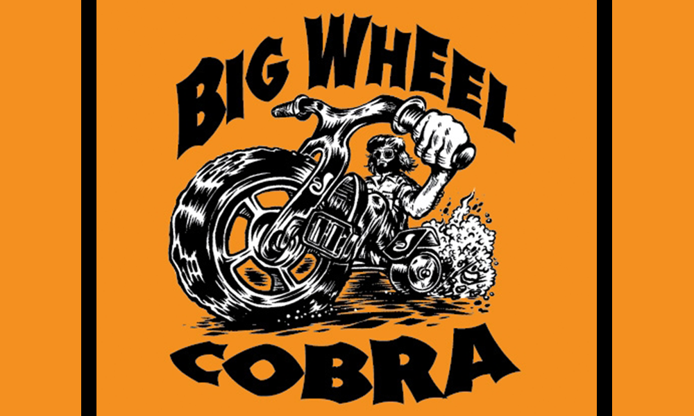 Band logo that includes the band name and an illustration of a man on a motorcyle in forced persepctive.