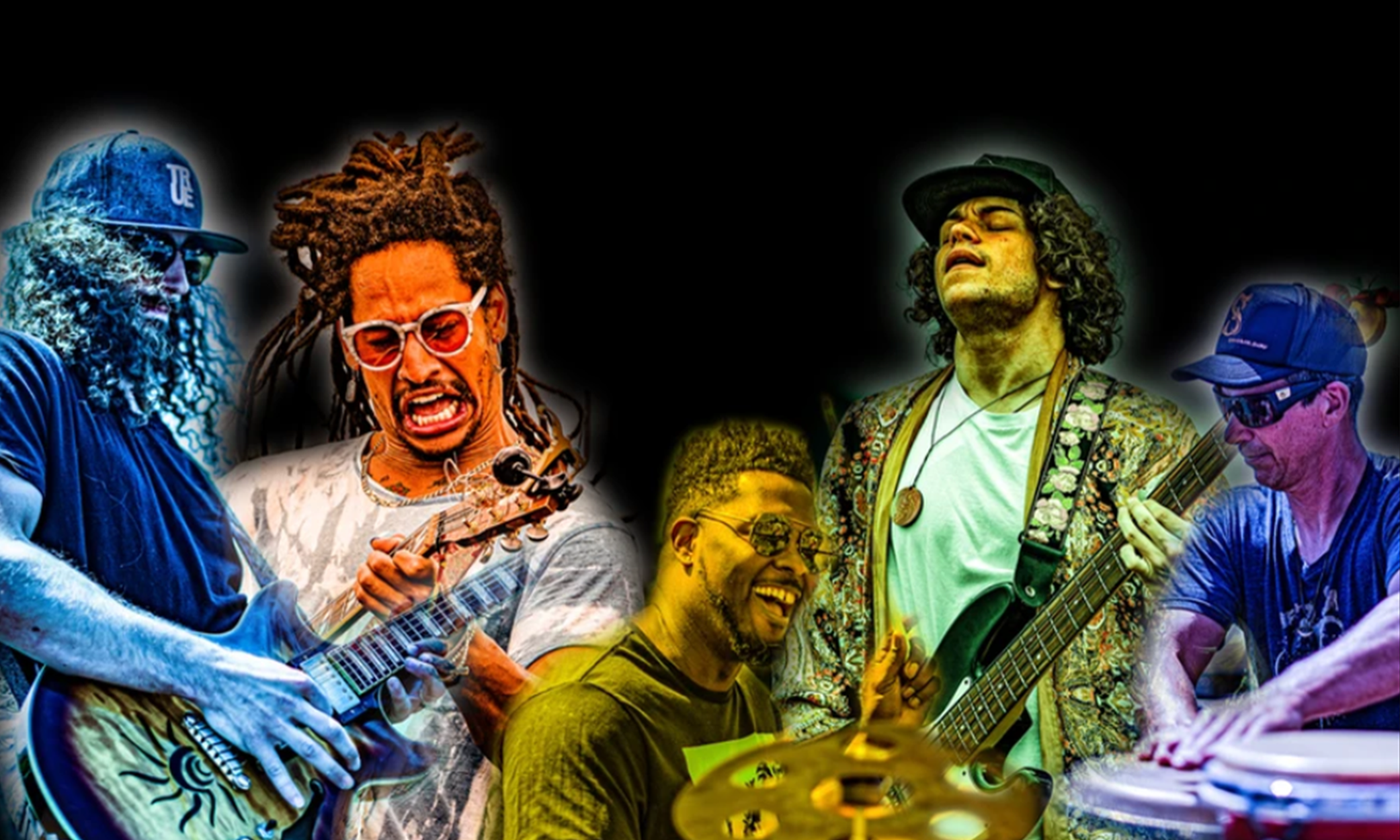 Image of five men enthusiastically playing various instruments.